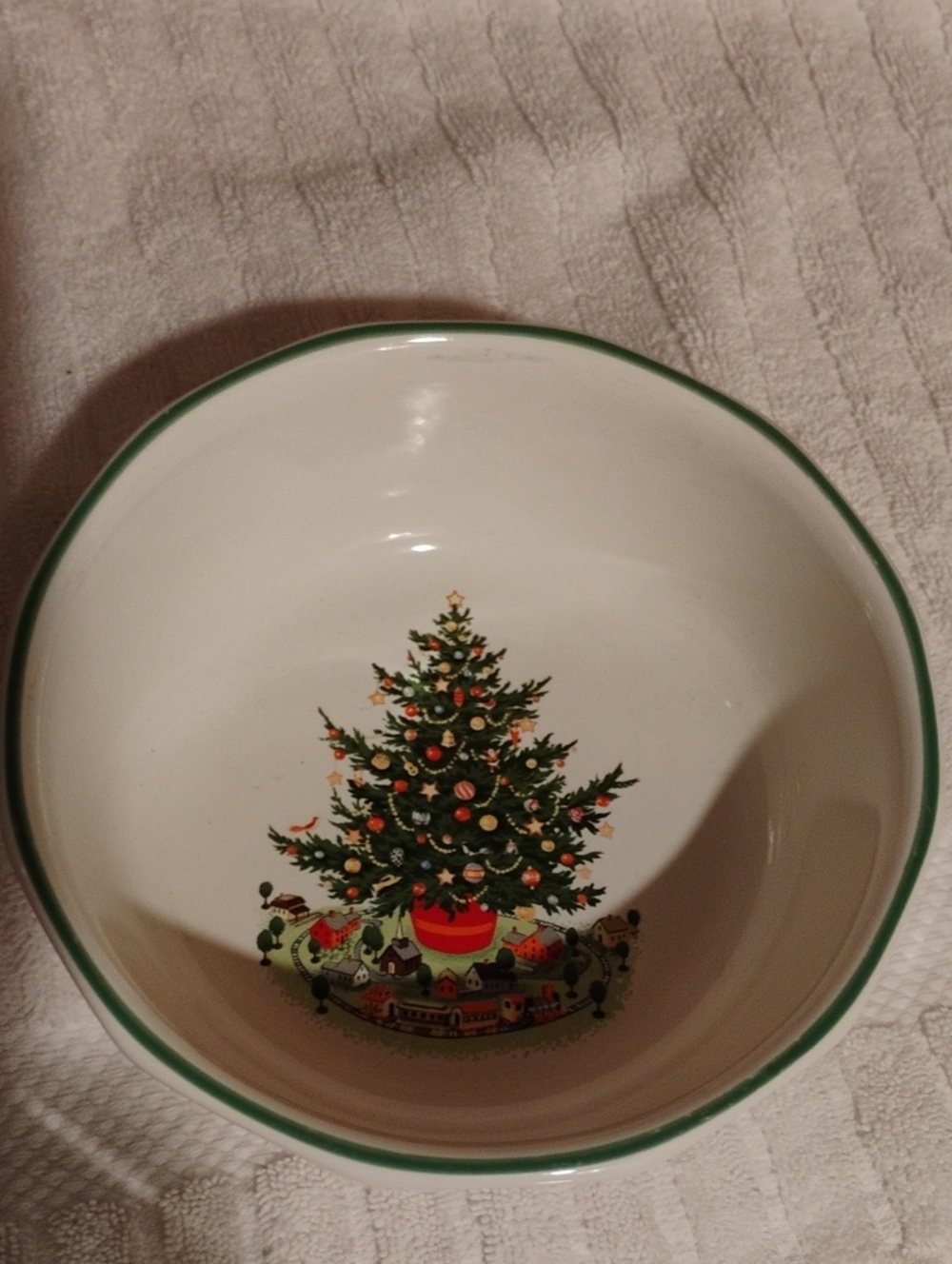 Pflatzgraf Holiday Ceramic Bowl with Green Trim and Christmas Tree Design